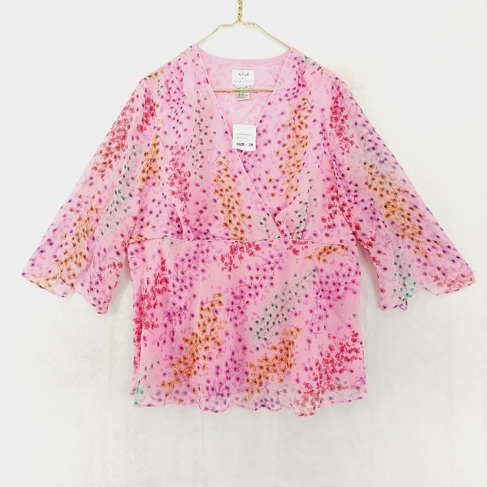 NEW Vision Apparel Pink Small Floral Pattern Boho Lagenlook Blouse P1275